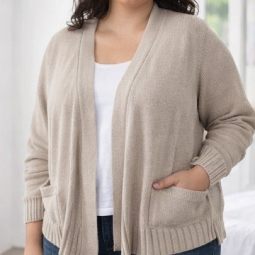 Seven7 Taupe Ribbed Cardigan Sweater Womens XXL Open Front Cozy Soft Boho